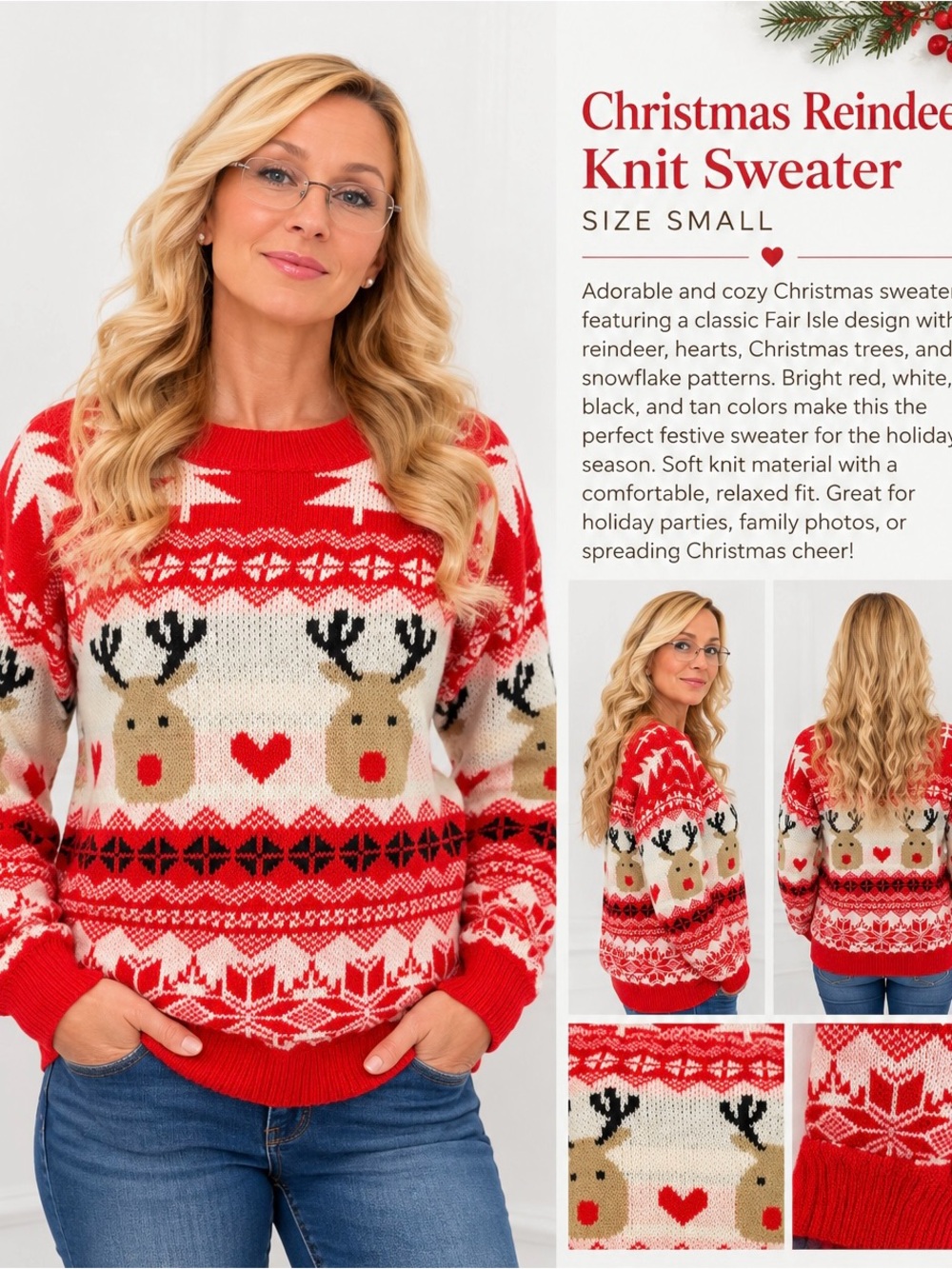 Women’s Small Christmas Reindeer Sweater Red White Fair Isle Holiday Knit